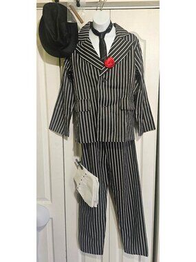 Pinstriped Gangster 20s Costume Boys 12-14 Suit Fedora Hat Spats Tie Cigar